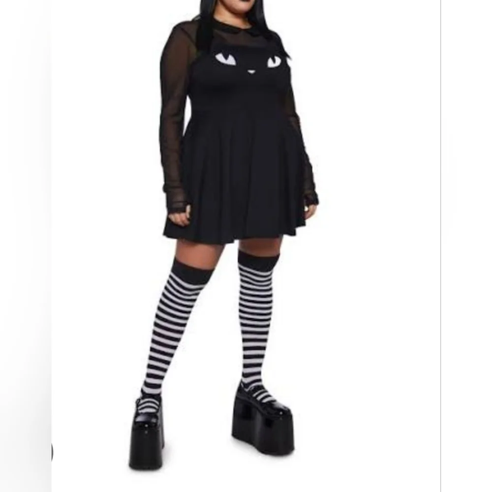 Dolls Kill x Emily (Size 2X) Black Cat Face Sheer Thumbhole Cuff LS Mini Dress - Picture 16 of 16